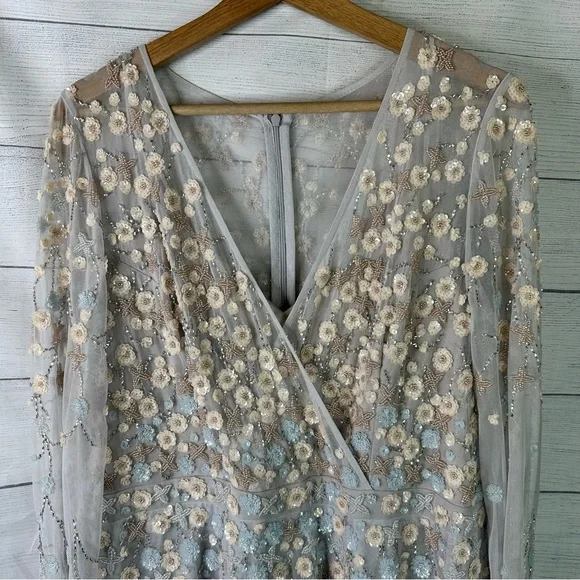 Mac Duggal size 16 Embellished Wrap Over Illusion Long Sleeve A Line Gown Gray - Picture 6 of 16